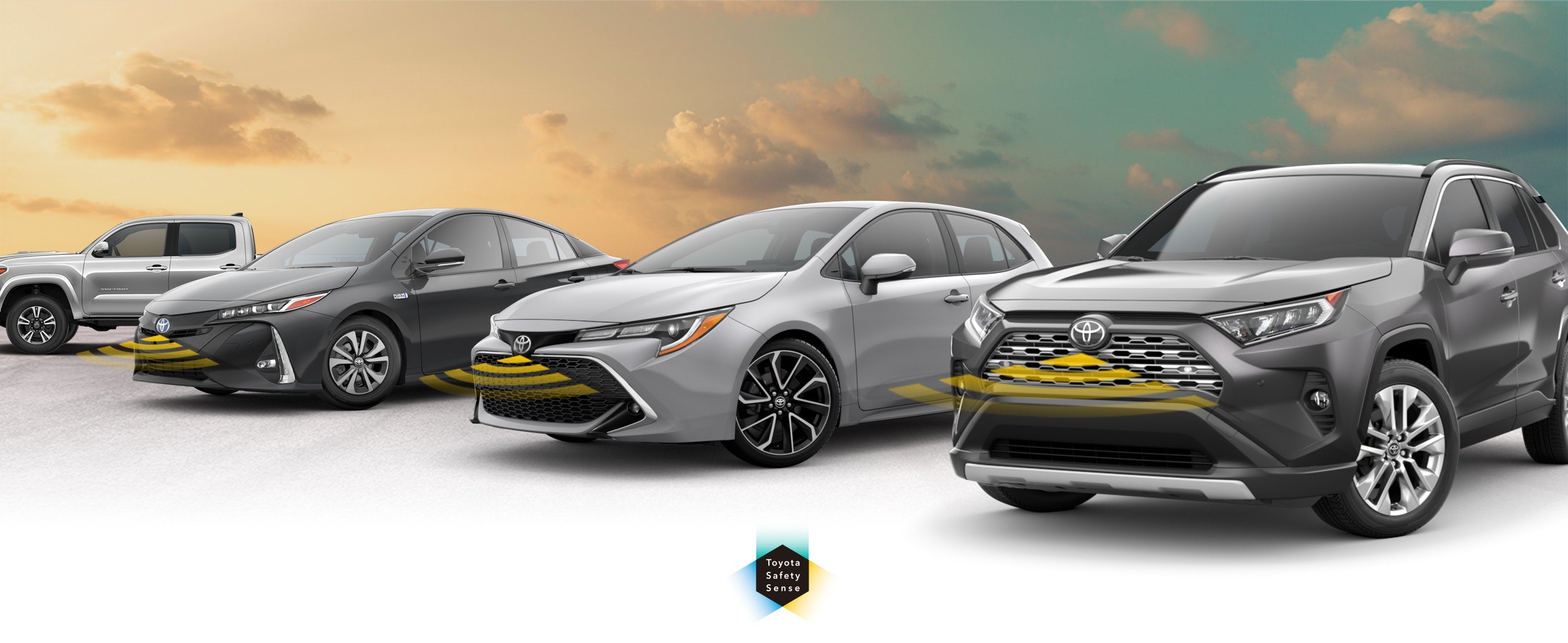 Toyota Safety Sense: Designed for Safety. Options shown on Toyota models including RAV4, Tacoma, and Camry, available now at Fiore Toyota in Hollidaysburg PA.