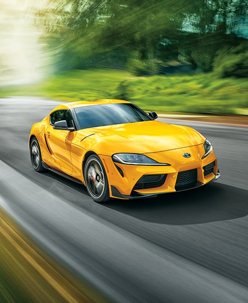 Performance features of the 2020 Supra at Fiore Toyota in Hollidaysburg | Yellow 2020 GR Supra front profile